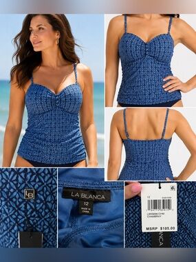 La Blanca Tankini Swim Top Blue Chambray Print NWT $105